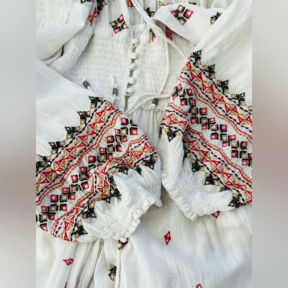 Free People White and Pink Embroidered Tunic
